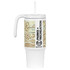 A drink bottle featuring a patterned design with earthy tones, a handle, and a straw. It has a logo on the side.