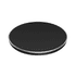 A round black QI wireless charger with a sleek design and a silver edge.