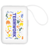 A white power bank with colourful abstract shapes and the word "TEAMWORK" displayed prominently on the front.