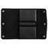 A black leather cover opens to reveal two card holders inside, with a soft, textured lining.