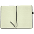 A black A5 notebook with recycled paper, featuring lined pages and a ribbon bookmark.