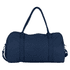A dark blue duffel bag with a sturdy handle and adjustable shoulder strap, featuring a logo.
