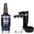 A drink bottle set featuring a navy blue cooler, a white tumbler, and a black tumbler, each with a lid and branding.