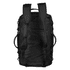 A black duffel bag with multiple straps and a large capacity, featuring a logo on the side.