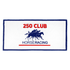 A white sports towel with blue trim featuring a horse racing graphic and a logo.