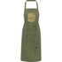An olive green apron made from 240 g/m² recycled material, featuring a design and a waist tie. It has a logo.