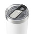A drink bottle in white with a clear lid and a stainless steel rim, featuring a branding logo on the lid.