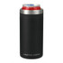 A drink bottle with a sleek black finish and stainless steel rim, designed to fit a 350ml beverage can.