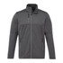 A grey eco waterproof softshell jacket with a zippered front and two side pockets. It features a collar and a logo.