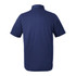 A navy blue men's polo shirt featuring a collar and short sleeves, with a branding logo on the fabric.
