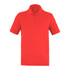 A red men's polo shirt featuring a collar, short sleeves, and a branded logo.