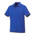 A blue short sleeve performance polo with contrast detailing and a collar, featuring a logo on the chest.