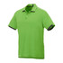 A bright green short sleeve polo shirt with contrasting dark trim and a logo on the chest.