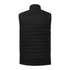 A black insulated puffer vest with a textured pattern and a high collar. Includes a branding logo.
