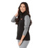 A woman wearing a black and grey eco waterproof softshell vest with a logo. The vest features a zip front and side pockets.