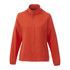 A women's packable jacket in vibrant red, featuring a hood and zippered front. The jacket also has a logo.