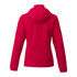 A red women's packable rain jacket featuring a hood and long sleeves, showcasing a back view.