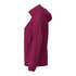 A women's packable rain jacket in a deep burgundy colour, featuring a hood and side pockets. It has a logo.