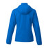 A bright blue women's packable rain jacket featuring a hood and long sleeves, with a logo on the back.