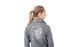 A grey women's packable rain jacket featuring a logo and graphic design on the back.