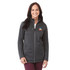 A woman wearing a charcoal grey softshell jacket with a logo on the chest and zippered pockets.