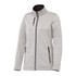 A women's softshell jacket in light grey with a zippered front and pockets. The jacket features a high collar and has a logo.