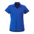 A women's short sleeve polo shirt in vibrant blue with a v-neck and contrasting details. Features a logo.