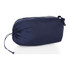 A lightweight packable insulated puffer vest in navy, compactly stored in a drawstring pouch.