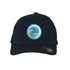 A dark navy cap with a mesh back featuring a circular logo of a wave and text.