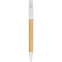 A pen featuring a bamboo body and a white top, complemented by a logo.