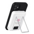 A white magnetic power bank with a phone stand, featuring a silver stand and a black phone attached.