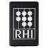 A slim black power bank with a white logo design on the front, featuring rounded shapes and the letters "RHI".
