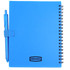 A blue recycled PP journal with a pen, featuring spiral binding and a logo on the cover.