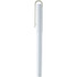 A white rollerball pen with a clip, featuring a sleek and minimalist design. It has a logo on the body.