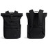 A black roll-top backpack with adjustable straps and multiple pockets. It features branding on the exterior.