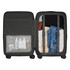 A black suitcase with organised compartments, featuring clothing items, toiletries in a transparent pocket, and straps to secure contents.