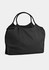 A black nylon tote bag with two handles and a spacious design. It features a logo on the side.