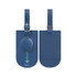 A blue luggage tag with a round attachment, featuring a logo and a sleek design for easy identification.