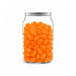 A clear can filled with vibrant orange jelly beans, showcasing their glossy texture.