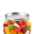 A clear can filled with colourful jelly party mix sweets in various fruity shapes. The lid features a textured design.