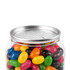 A clear can containing an assortment of colourful jelly beans, including red, yellow, green, black, and blue.