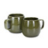 A set of two glossy green coffee mugs with one featuring a handle. Both have a rounded shape.