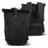 A black roll-up computer backpack with adjustable straps and a zippered pocket on the front, featuring a branded logo.