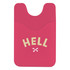 A pink wallet with two compartments and a graphic feature. It has a logo on the surface.