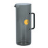 A drink bottle with a transparent grey body and a black handle, featuring a simple logo.