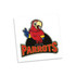 A temporary tattoo featuring a cartoon parrot in red and yellow, with a black background and a logo.