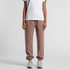 Relax track pants in a soft beige colour, featuring a tapered leg and ribbed cuffs. Model wears a plain white t-shirt.