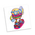 A square temporary tattoo design featuring a cartoon burger character on a skateboard, with vibrant colours.
