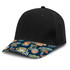 A black cap with a patterned peak featuring various logos and text in colours like blue, orange, and yellow.