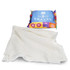 A compressed towel in white, presented in colourful packaging featuring a logo.